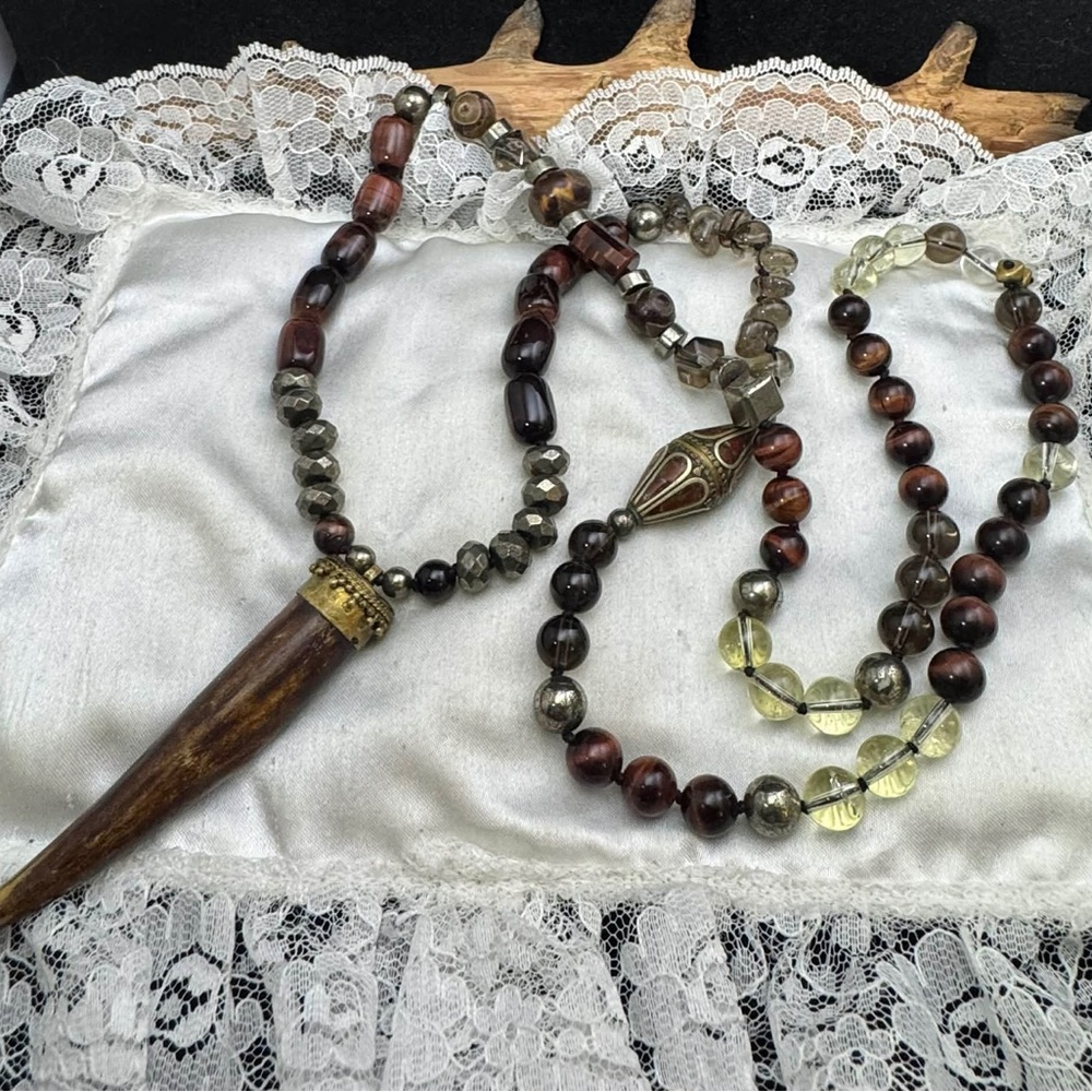 MULTI GEMSTONE 36" & 3" HORN PENDANT NECKLACE,Pyrite,Quartz Red Tigers Eye...